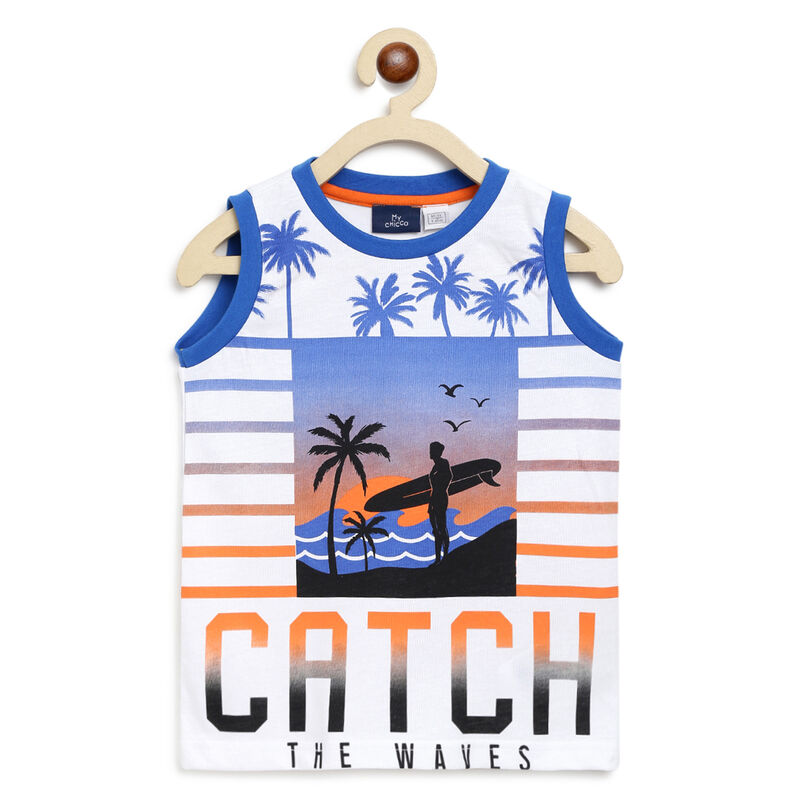 Boys White Printed Sleeveless T-shirt image number 0